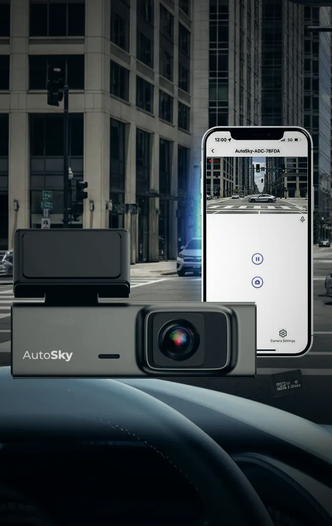 Cámara para vehículo AutoSky conectada a un teléfono