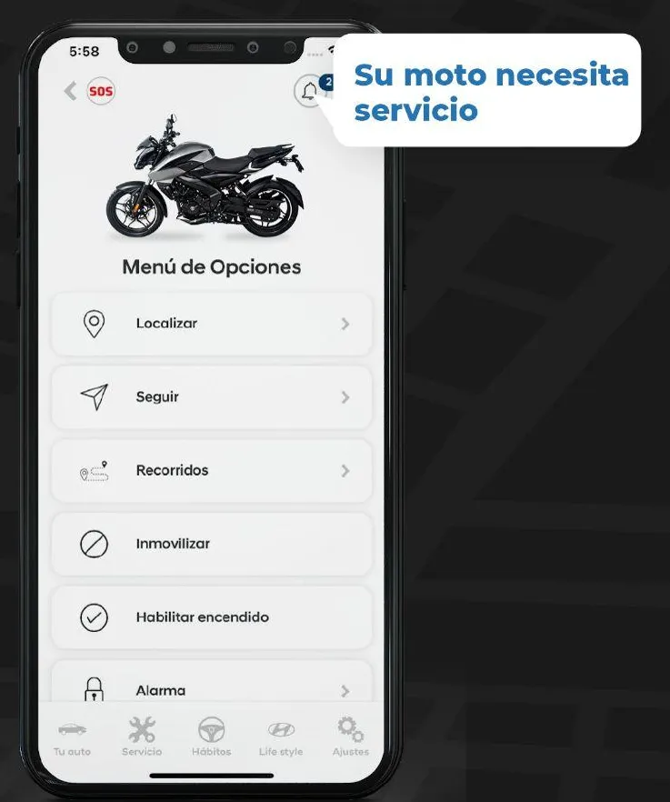 Pantalla de la app Nemesis Connect+ con el menú de opciones